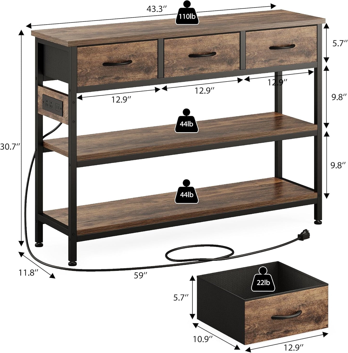 Lulive 2 Pack Entryway Tables with Power Outlets, Console Table with 3 Fabric Drawers, Sofa Table for Living Room, Hallway, Couch, Foyer, Height Adjustable