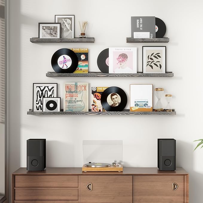 Picture Ledge Wall Shelves - 24 Inch Width Set of 3, Solid Pine Wood Rustic Floating Ledge Shelves for Kids' Room, Bedroom, Kitchen, Bathroom, Living Room, Nursery Display Wall Decor, Grey