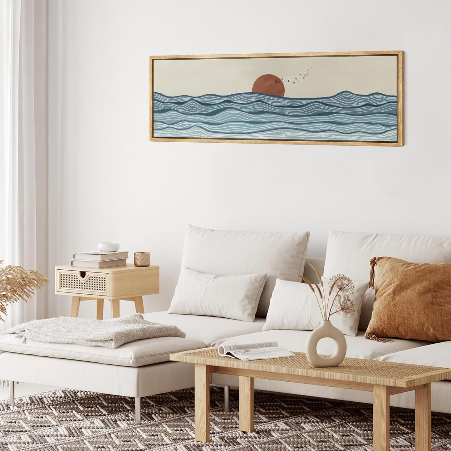 MUDECOR Large Framed Canvas Print Wall Art Calm Seascape Ocean Waves and Setting Sun Illustrations Antique Retro Fine Art Illustrations Decorative Colorful for Bedroom - 60"x20"