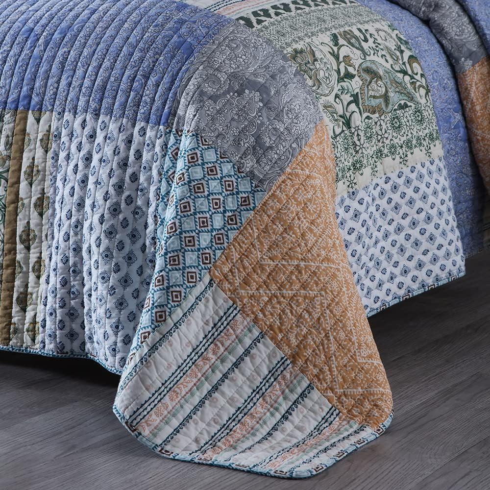 Autumn Dream Cotton Bedspread Quilt Sets Reversible Bedding Coverlet Sets Comforter, Bohemian Paisley Patchwork Blue Bedspread, King Size