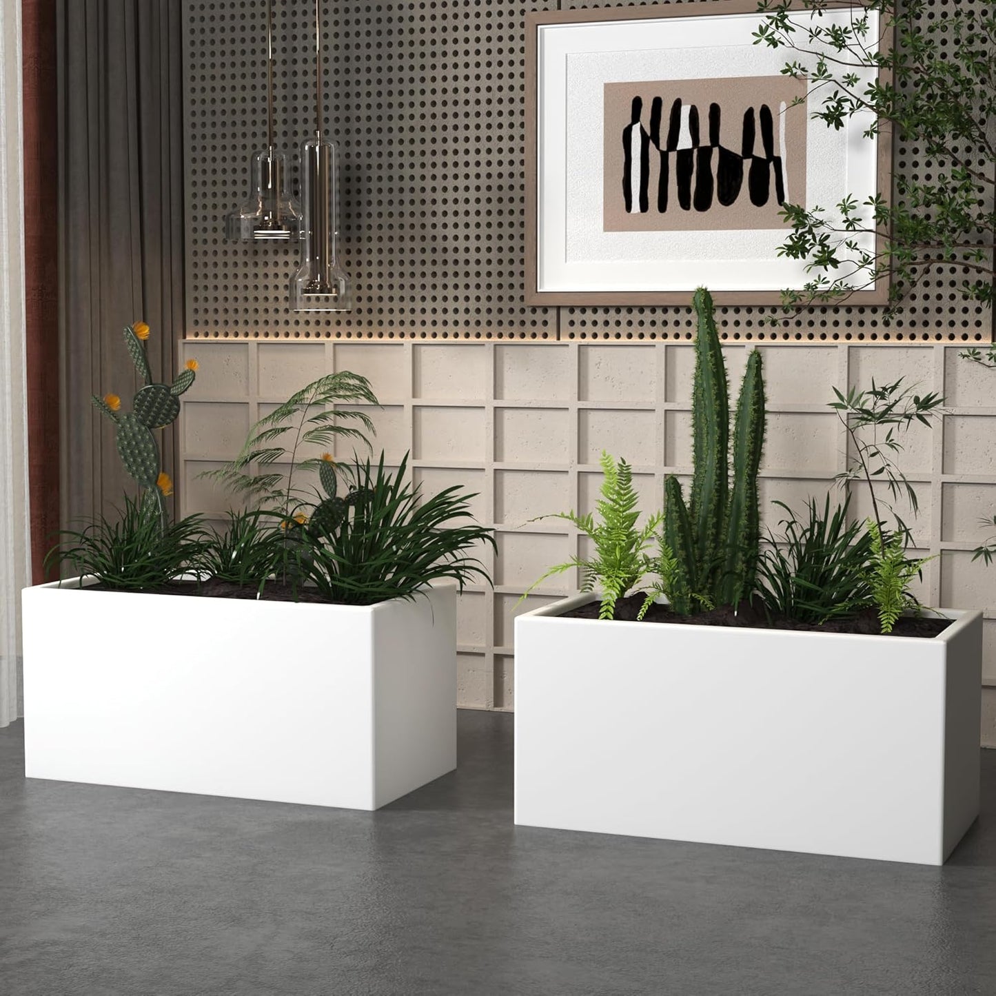 White Steel Planter Outdoor Indoor Planter Box Galvanized Steel Metal Large Planters Rectangular Flower Pot 31.5 In L x 16 In W x 16 In H Modern Commercial Residential for Trees Patio Deck Yard Garden