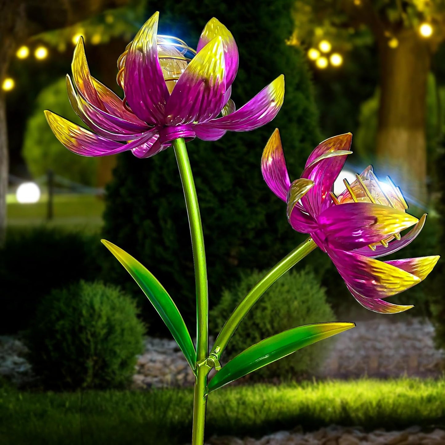 Solar Wind Spinner Outdoor, 63 Inch Metal Wind Spinner Yard Art with Lights - Twin Flower Design Pinwheels for Yard and Garden Decor, Solar Garden Decor