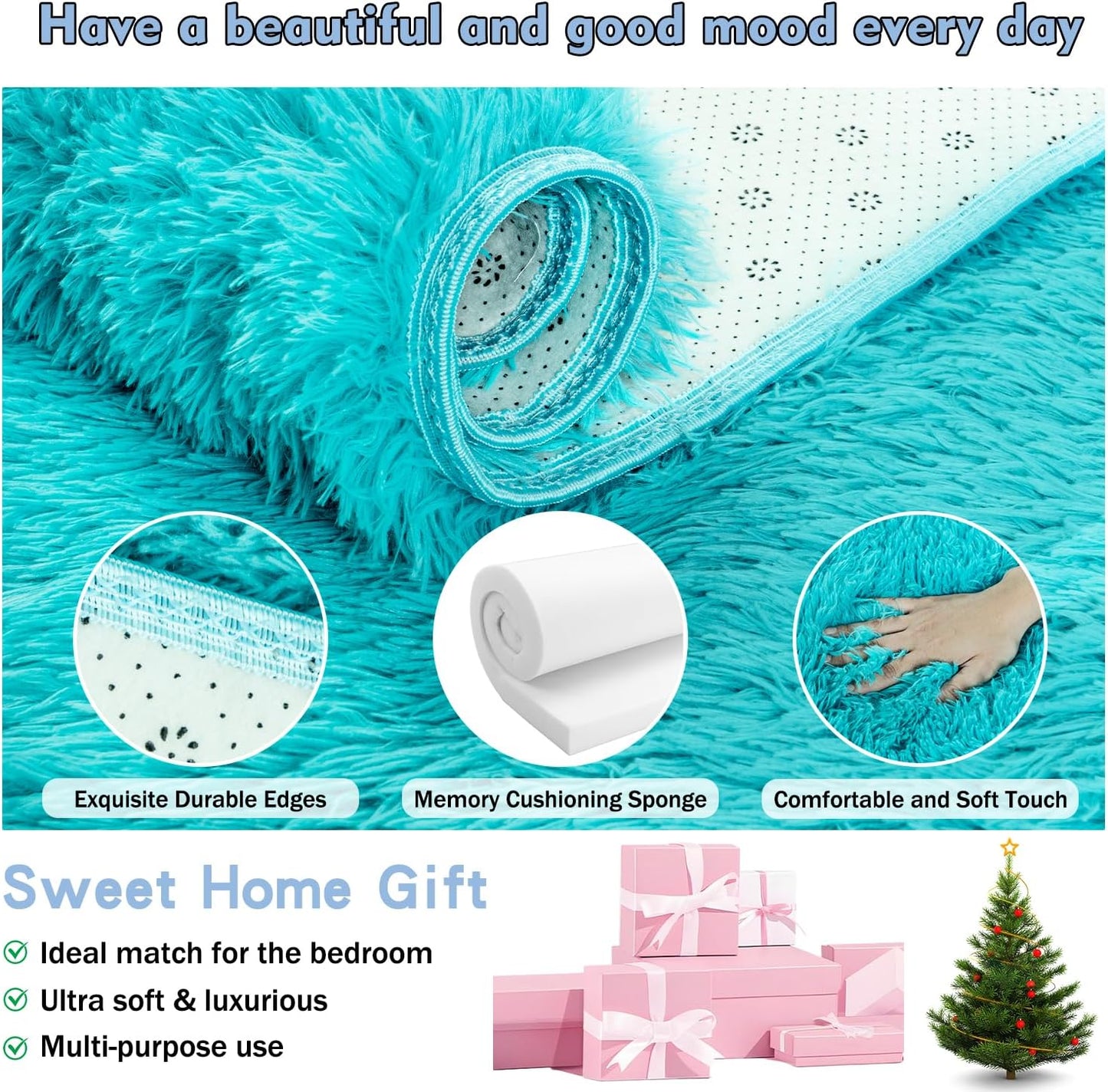 Rezutan Soft Fluffy Rug for Living Room Bedroom,Comfy Modern Large Shaggy Fuzzy for Kids Rug, Plush Indoor Nursery Classroom Home Decor Bedside with Non-Slip Bottom, Teal Blue, 8 X 10 Feet