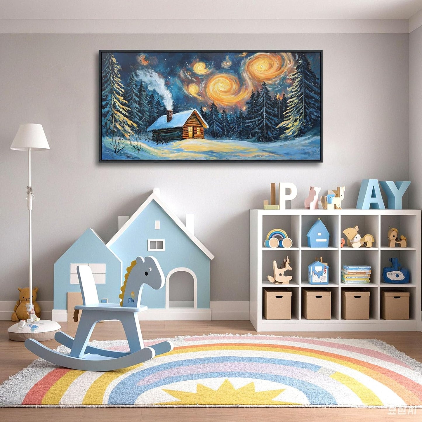 QZQCBLC Vintage Forest Wall Art, Large Farm Hut Landscape Pictures White Snow Green Trees Orange Clouds Abstract Painting Framed Artwork for Living room Bedroom kitchen Home Office Decor 24x48 IN