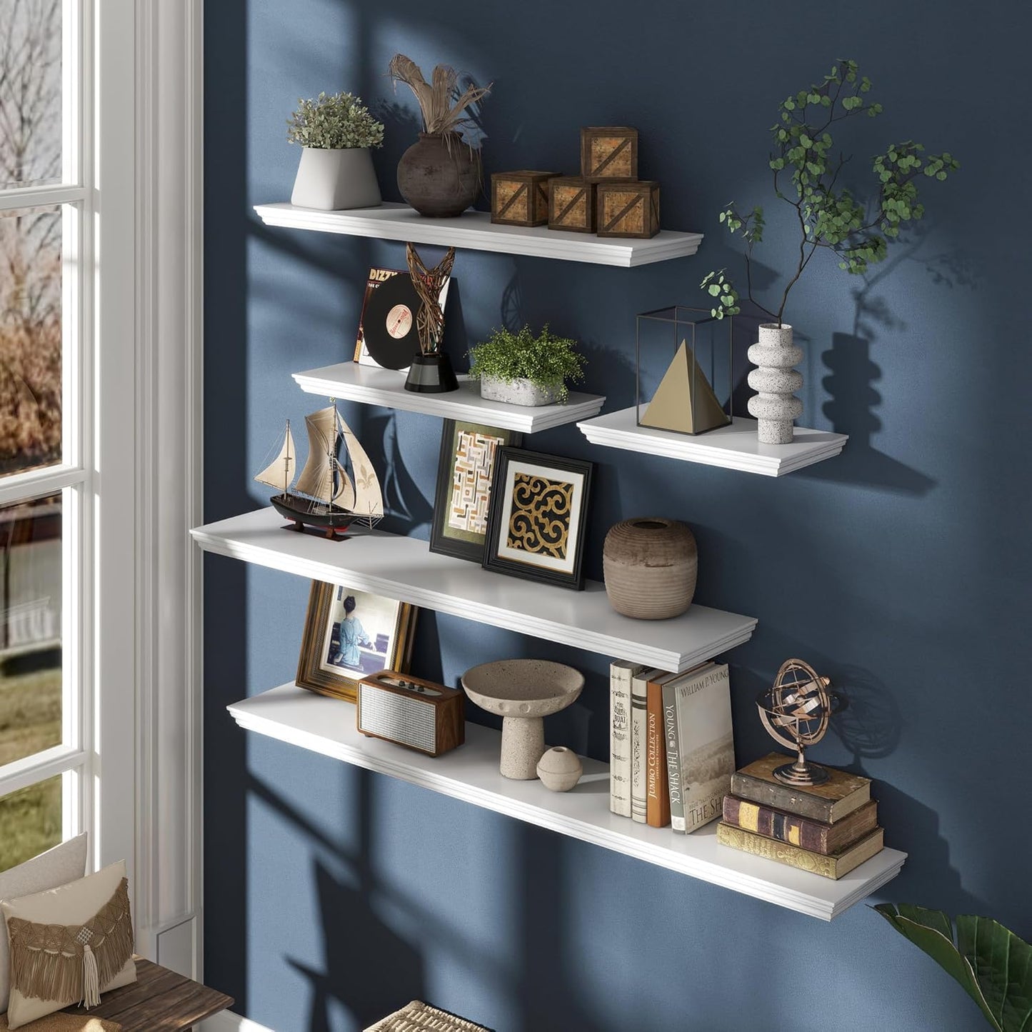 Floating Shelves for Wall, 36 Inch Long Wall Mounted White Hanging Shelf for Kitchen, Living Room, Office, Bedroom, Bathroom, Retro Vintage Wood Bookshelf for House Decor