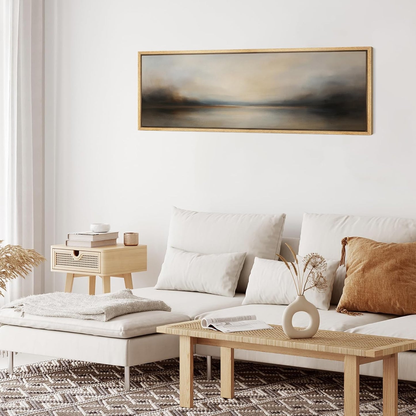 MUDECOR Large Framed Canvas Print Wall Art Abstract Landscape Neutral Tones Misty Horizon Illustrations Decorative Colorful for Bedroom - 60"x20"