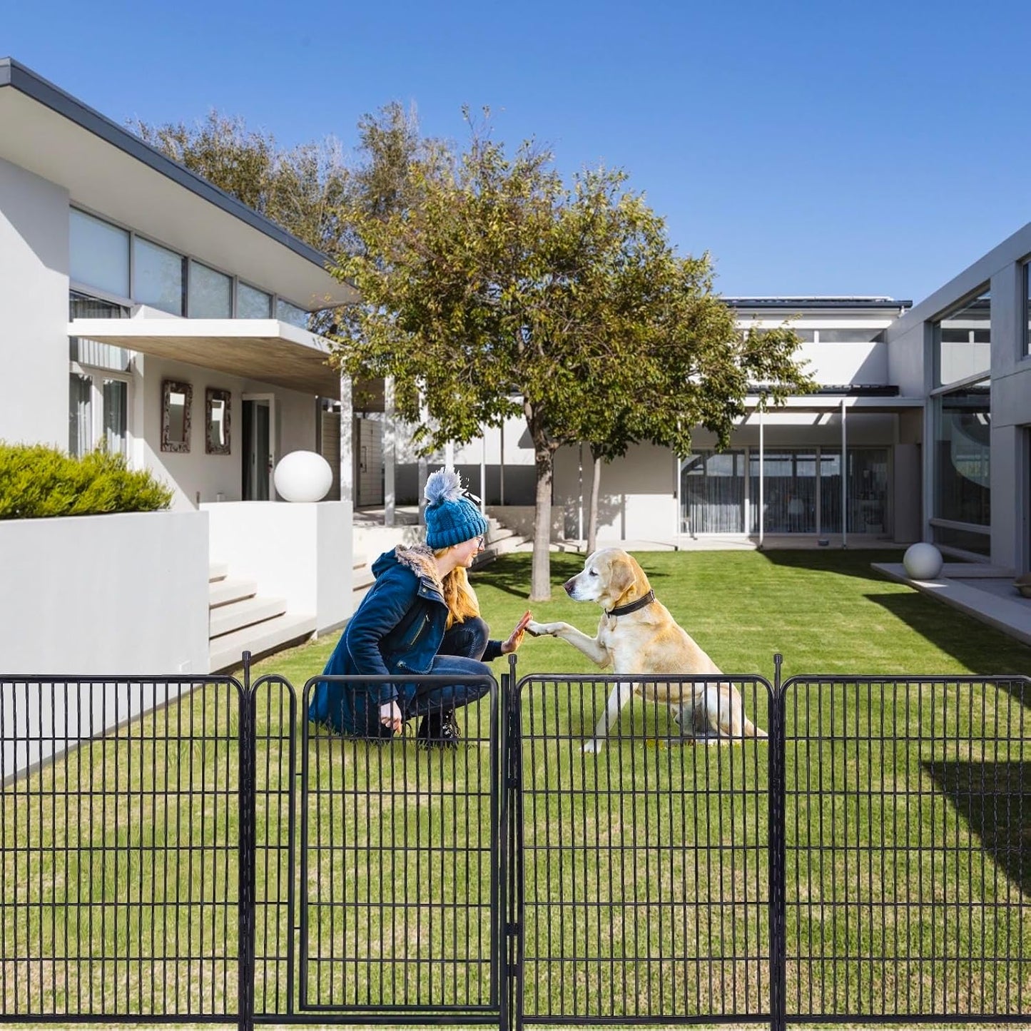 Tall Garden Fence Animal Barrier, 48 in(H) Fencing for Garden Beds, 4 Panels Total 8.9 Ft(L),Temporary Fence for Dogs Outdoor, 21 in Wide Low Threshold Gate, Garden Fence Border,Rabbit Fence