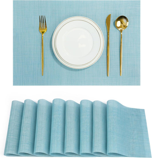 Placemats Set of 8，Non-Slip PVC Weave Table Mats Easy to Clean，Heat Resistant Place Mats for Kitchen Dining Table Decoration Indoor Outdoor，Blue