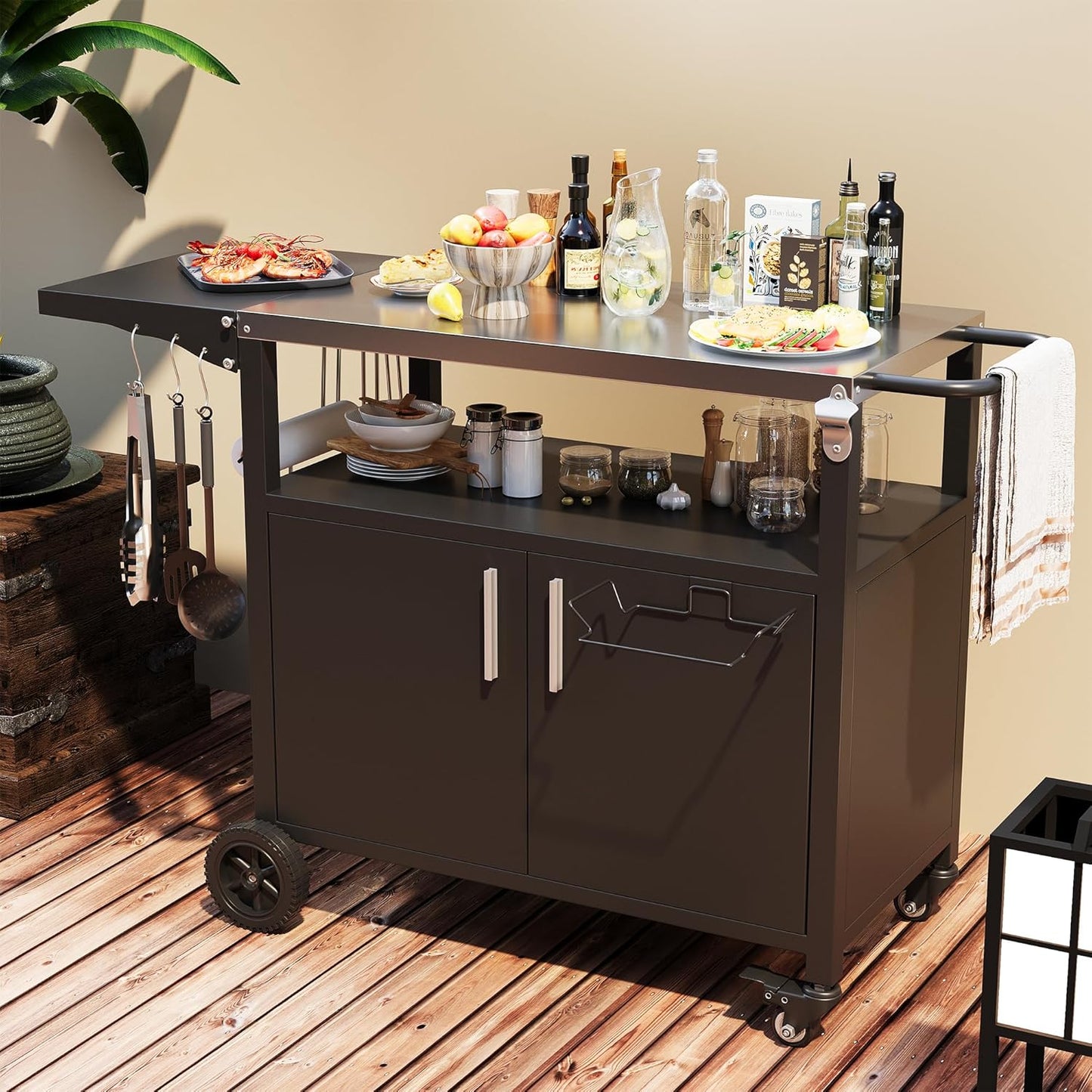 Vongrasig Grill Cart with Storage, Outdoor Bar Cart Rolling BBQ Cart Movable Pizza Oven Table Stand with Foldable Stainless Steel Top & Storage Cabinet, Black