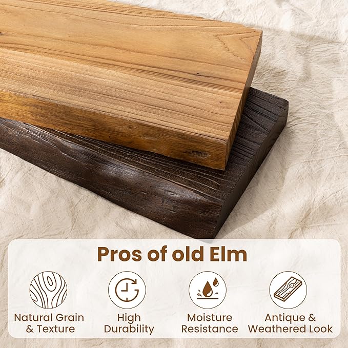 72" Floating Shelves, Live Edge Elm Wood Floating Shelf for Wall, Wall-Mounted Display Shelves with Invisible Heavy-Duty Bracket, Long Floating Shelf for Bathroom, Kitchen, Living Room, Walnut Color