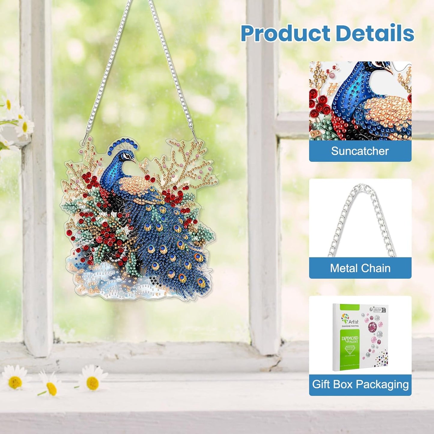 EOBROMD Diamond Hanging Art Kits for Adults, Peacock Flower Diamond Art Painting Suncatcher, DIY Special Shaped Rhinestone Kits for Adults, Window Pendants Home Garden Wall Hanging Ornament