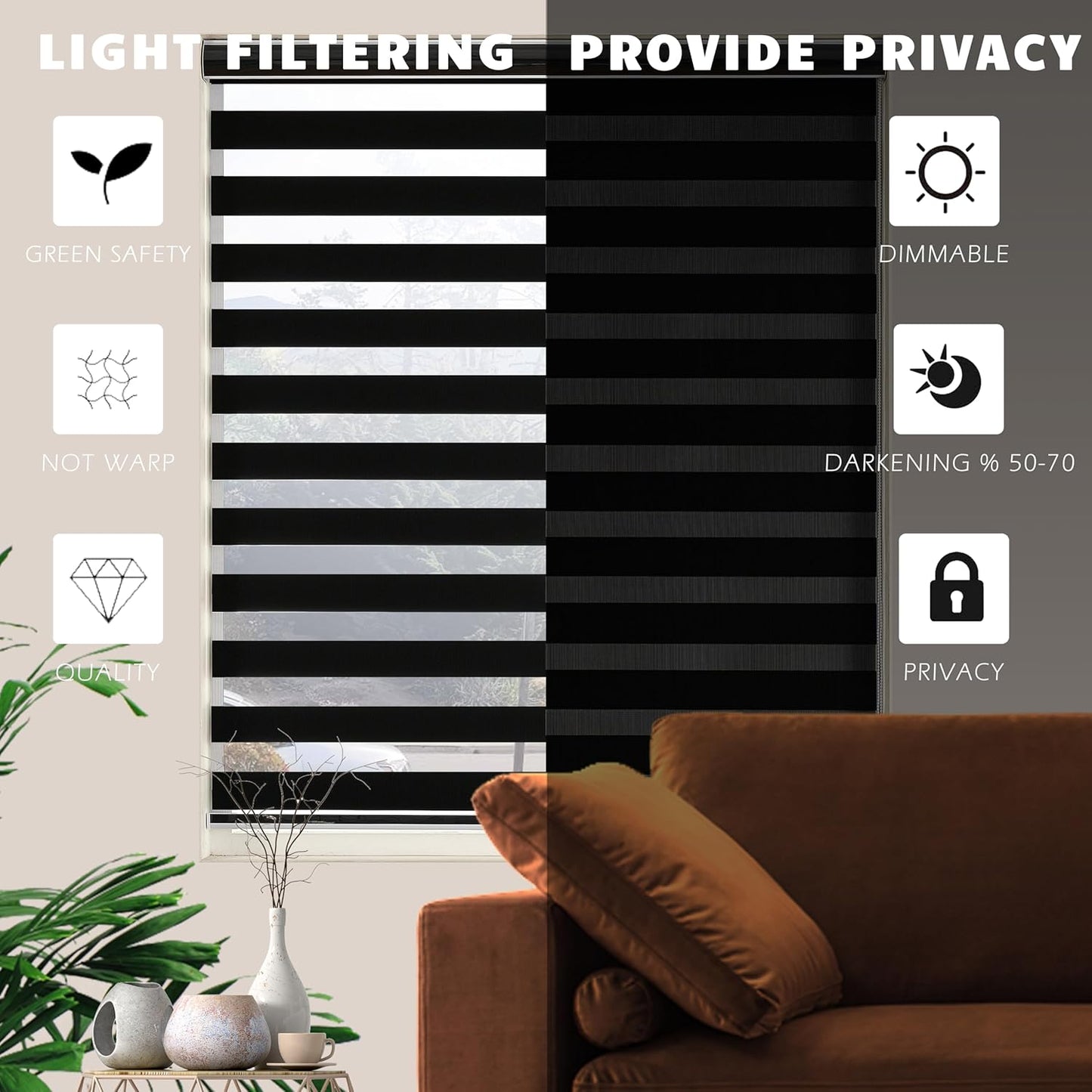 Blackout Zebra Blinds, Dual Layer Free-Stop, Room Darkening Zebra Shades, Blinds for Indoor Windows, Light Filtering Privacy Sheer Shade for Home(35" W X 72" H, Black)