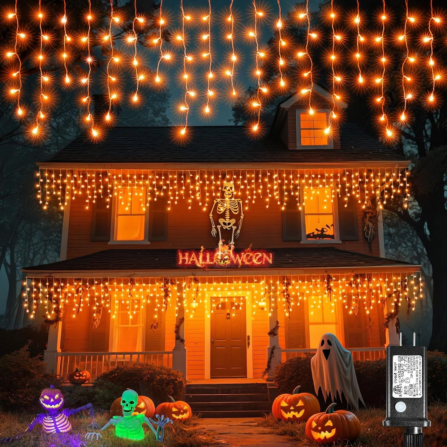 Orange Halloween Lights Outdoor, 66FT 640 LED Icicle Lights for Outside with 8 Modes Timers, Waterproof Plug in Twinkle String Light for House Yard Eave Patio Party Holiday Decorations