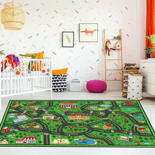Kids Carpet Playmat Rug 4 x 6 ft Player Car Rug, City Life Traffic Road Map Mat Educational Game Area Mat for Toddler Children Playroom Classroom Bedroom(Green)