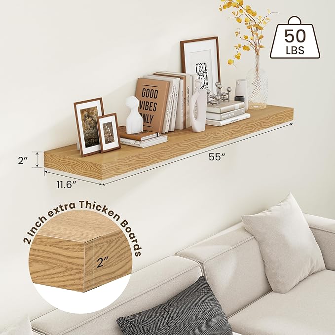 Deep Floating Shelves for Wall - 55 Inch Wide x 12 Inch Deep Wall Shelves Set of 1 - Rustic Oak Color Wood Shelves for Living Room, Bathroom, Laundry Room, Bedroom, Kitchen, Home Office