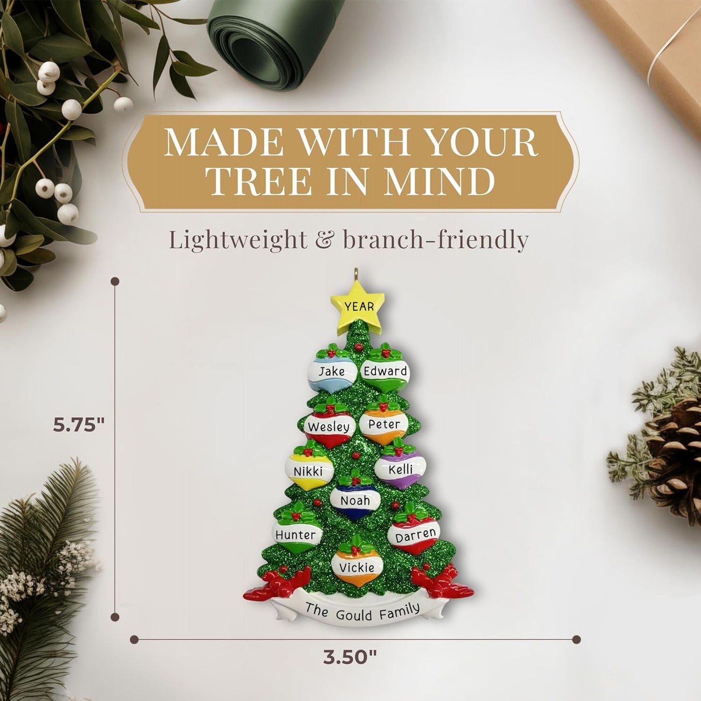 Personalized Large Family of 10 Ornament 2025 | Free 24h Customization | Christmas Ornaments for Tree | Custom Gift Wrapped Green Glitter Keepsake for Ten Persons