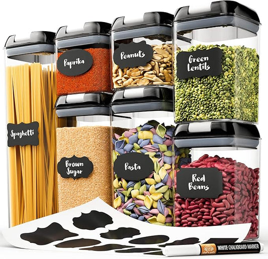 Chef's Path - Set of 7 Airtight Food Storage Containers for Kitchen Storage - Clear Plastic - Durable Strong Lids - Labels and Chalk Marker