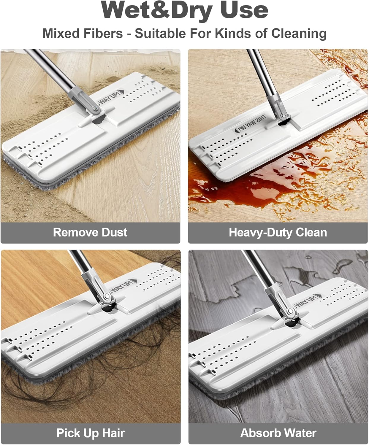 JOYMOOP Flat Mop Pads, Microfiber Mop Cleaning Pads, Washable Pads, Pads Replacement for JOYMOOP Flat Mop or Mop Bucket Set, Pack of 4 Refills 15inch - Grey and Stripe