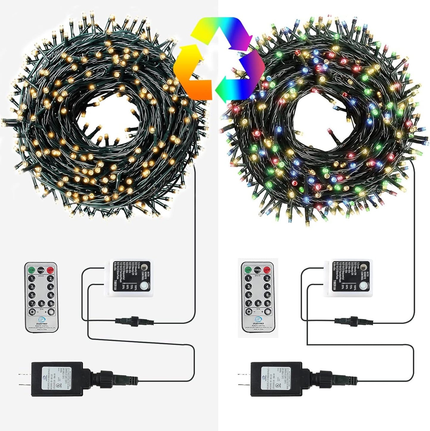 XTF2015 Christmas Outdoor Indoor Lights, 105ft 300 LED End to End Connected 9 Modes Timer Remote Christmas String Lights for Trees, Patio, Garden, Party, Wedding, Holiday (Warm White + Multicolor)