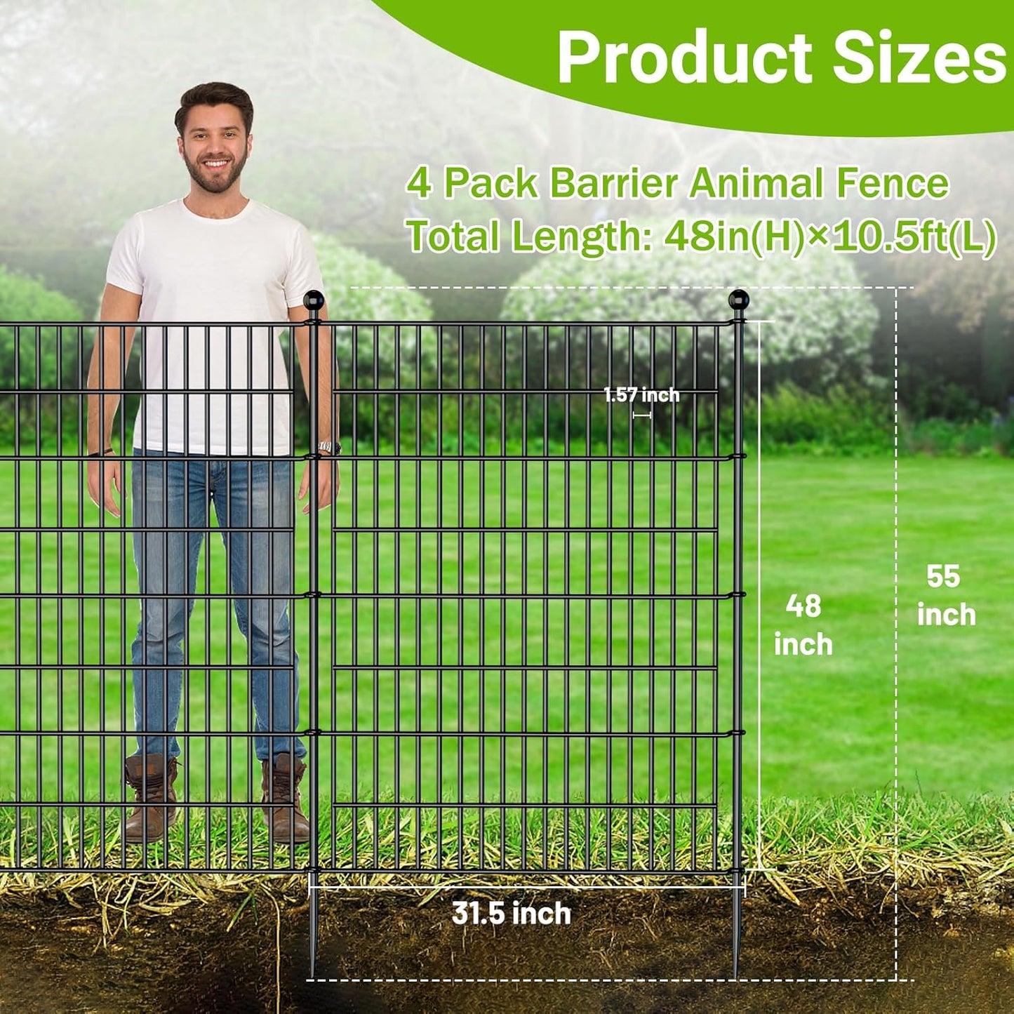 4 Panels No Dig Decorative Outdoor Garden Fence for Yard, 48 in(H) X 10.5 ft(L) Animal Barrier Fencing Rustproof Metal Wire Panel Border for Dog, Rabbits, and Patio Temporary Ground Stakes