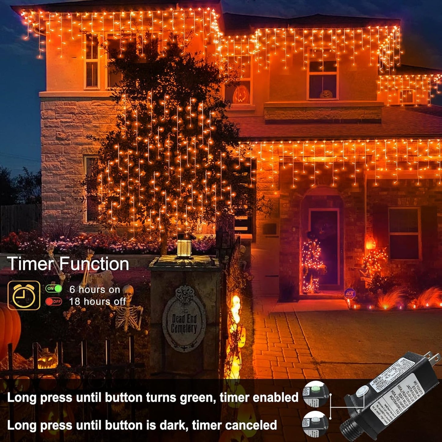 66ft Orange Halloween Lights Outdoor, 640LED Icicle Lights for Outside Indoor Twinkle Christmas Light with Connectable Clear Wire 8 Modes Timer Waterproof for House Party Tree Holiday Yard Patio Decor