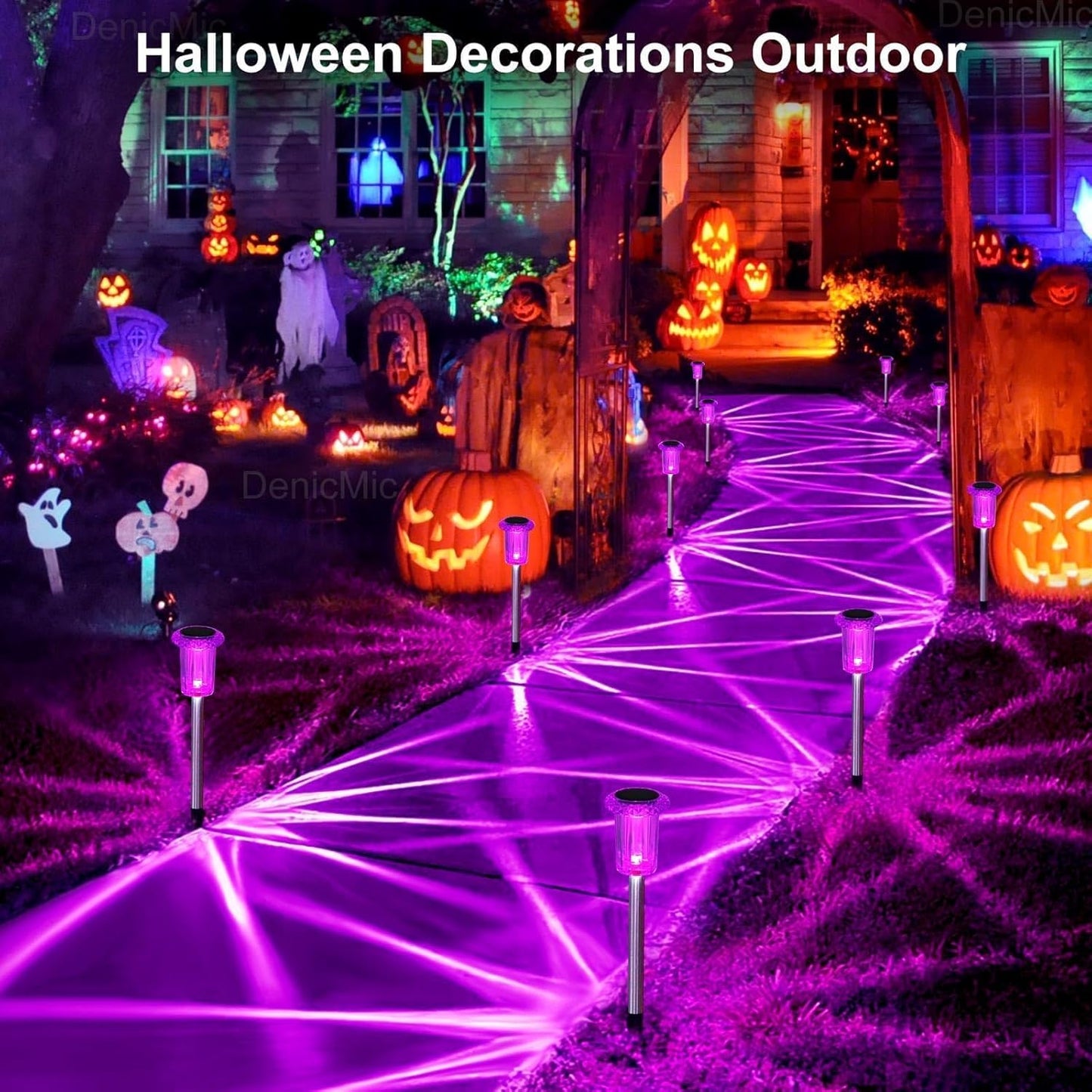 DenicMic Halloween Solar Lights Outdoor 10 Pack Purple LED Waterproof Yard Garden Patio Backyard Pathway Walkway Landscape Path Lawn Outside Halloween Decorations Outdoor