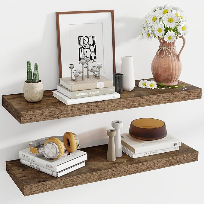 36 Inch Floating Shelves, 11.6 Inch Deep Floating Shelves for Wall, Floating Shelf with Invisible Brackets, Deep Shelves for Bathroom, Bedroom, Living Room, 2 Pack, Brown
