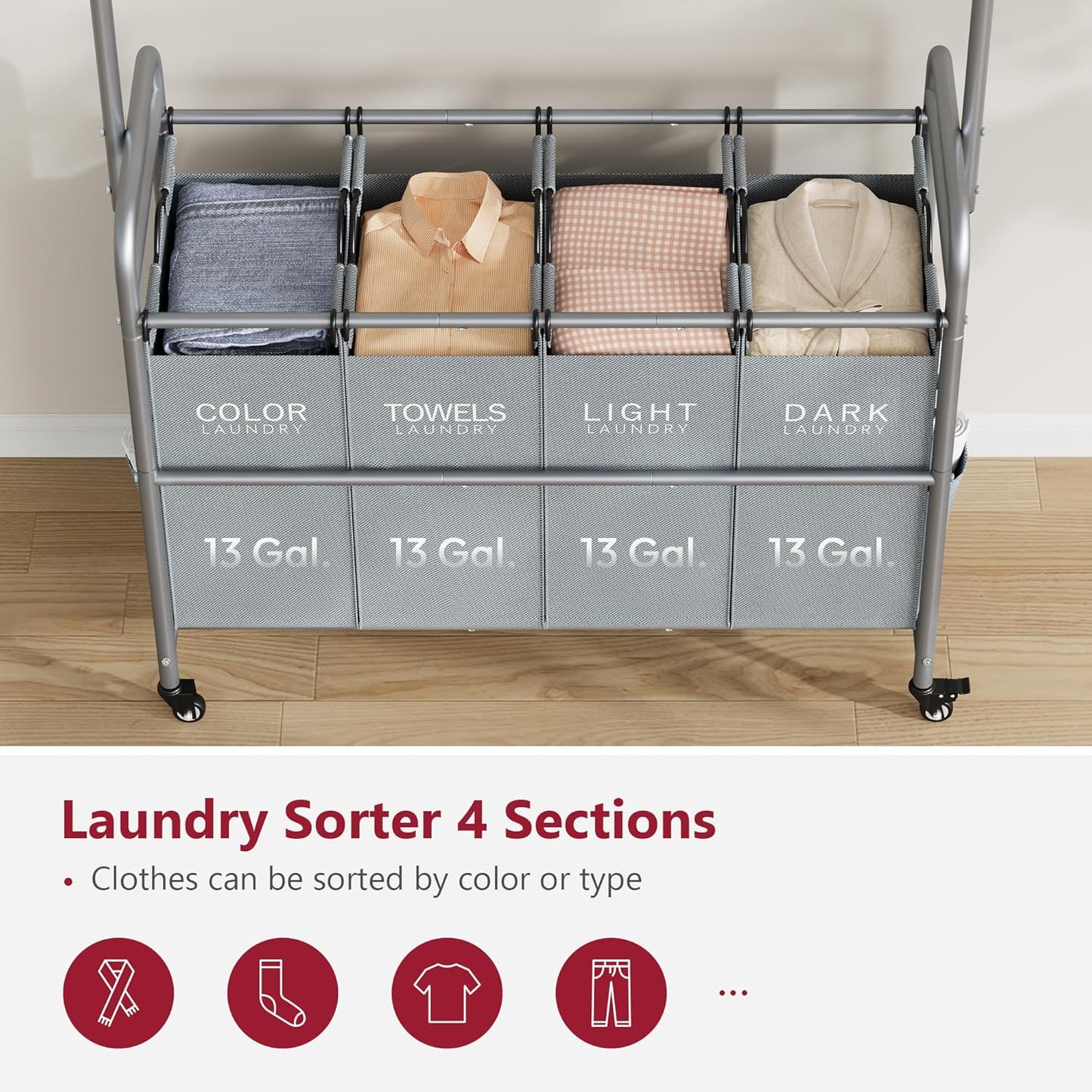 Tajsoon Laundry Sorter with Hanging Bar, 4 Section Rolling Laundry Hamper with Heavy Duty Lockable Wheels, Laundry Sorter Cart for Bathroom & Bedroom, Gray