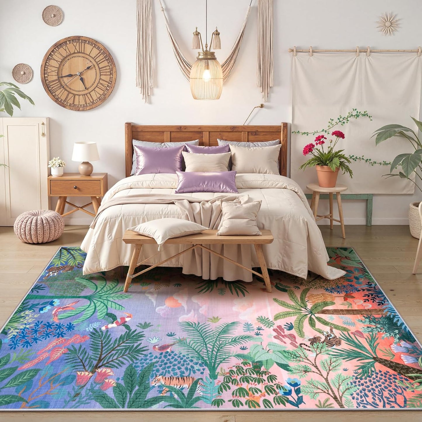 LIVEBOX Machine Washable Area Rugs 8x10 Lavender Girls Bedroom Rug, Soft Ultra-Thin Nursery Girl Carpet for Living Room, Jungle Purple Rugs for Girls Room, Lilac Rug for Nursery Room