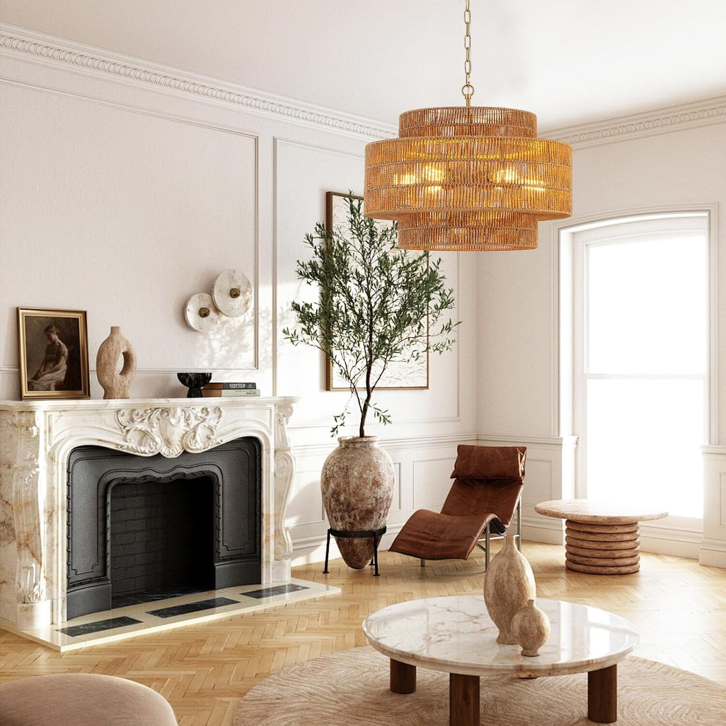 23.6" Rattan Chandelier Light Fixture 6-Light Vintage Farmhouse Hand-Woven Boho Bamboo Rattan Chandelier 3-Tier Drum Wicker Gold Chandeliers for Dining Room, Kitchen, Living Room