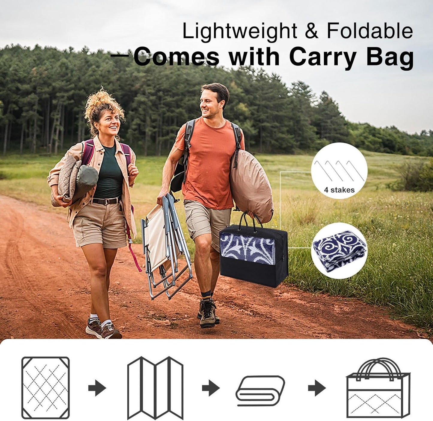 OLANLY Outdoor Rug Waterproof 6x9 ft Clearance, Reversible Outdoor Plastic Straw Rug with Floral Pattern, RV Mat for Patio, Camping, Balcony, Deck, Backyard, Navy & White