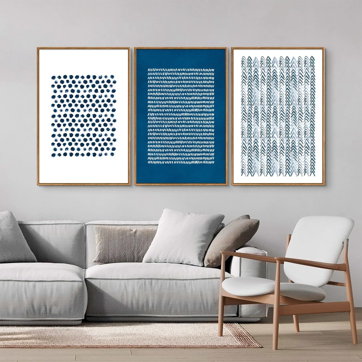 Tinonedraw Navy Blue White Framed Canvas Wall Art Set, Modern Geometric Dots Line Wall Decor, Neutral Abstract Shape Artwork, Cozy Contemporary Art Prints for Bedroom Living Room Office 16"x24"x3