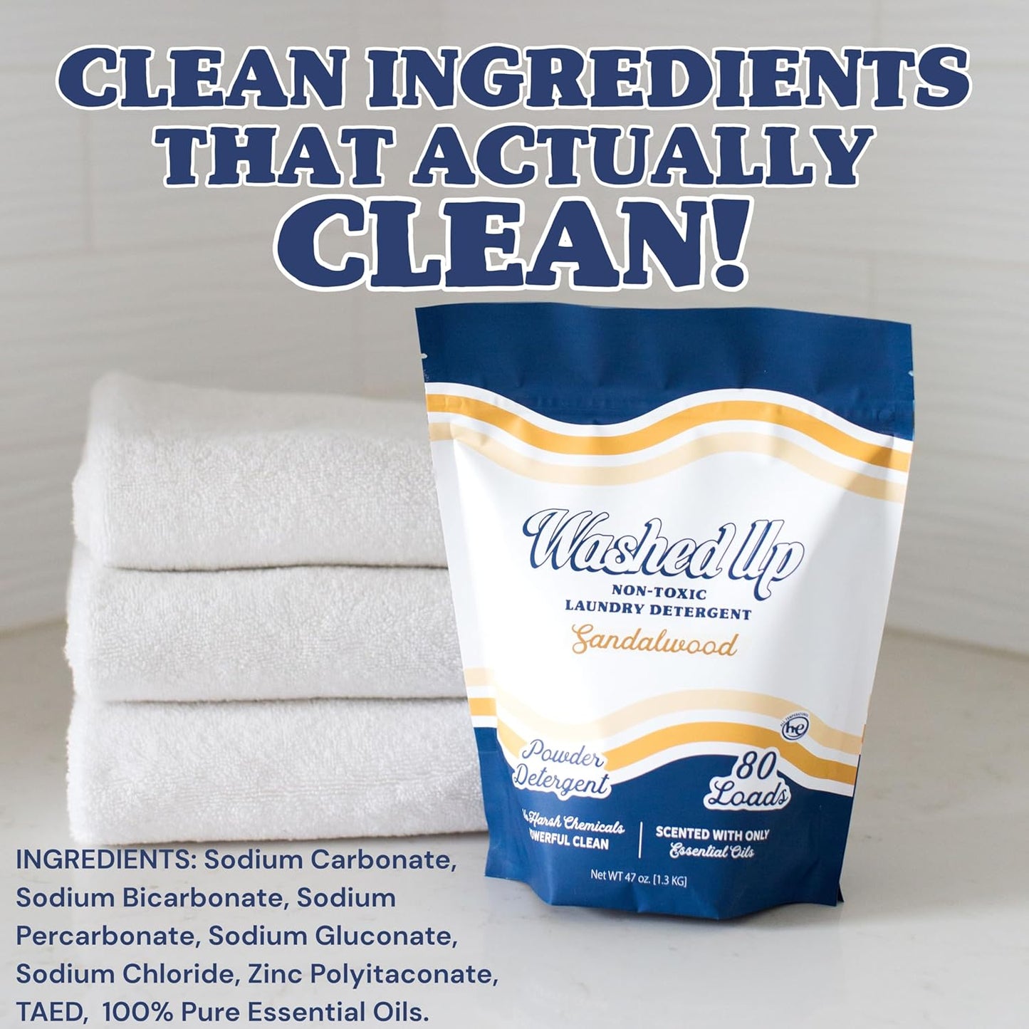 Sandalwood Laundry Detergent Powder | Only 100% Pure Essential Oils | Safe for Sensitive Groups | Powerful Clean | Plant & Mineral-Based | Made in USA | 3lbs