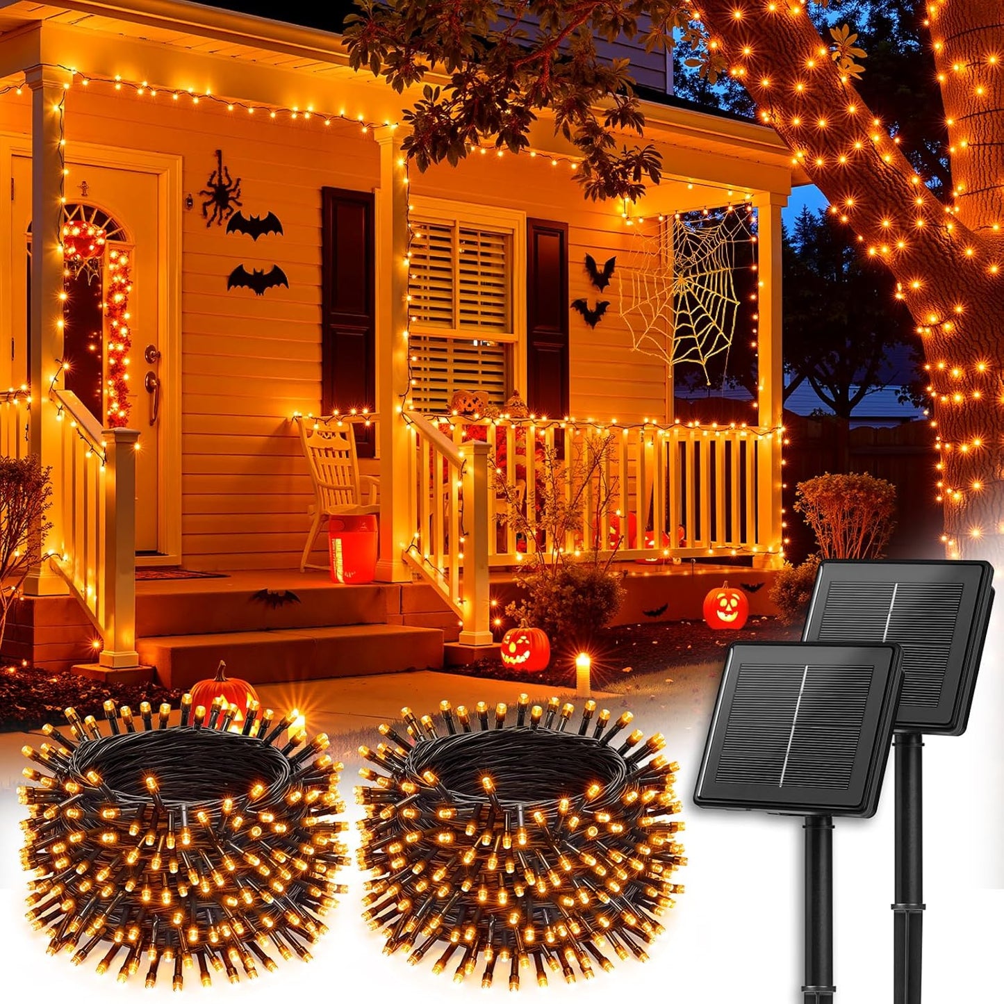 Brightown 2 Pack Halloween Solar String Lights Outdoor, Total 144Ft 400 LED Twinkle Fairy Lights Waterproof with 8 Modes Auto On/Off for Patio Tree Garden Party Home Decorations (Orange)