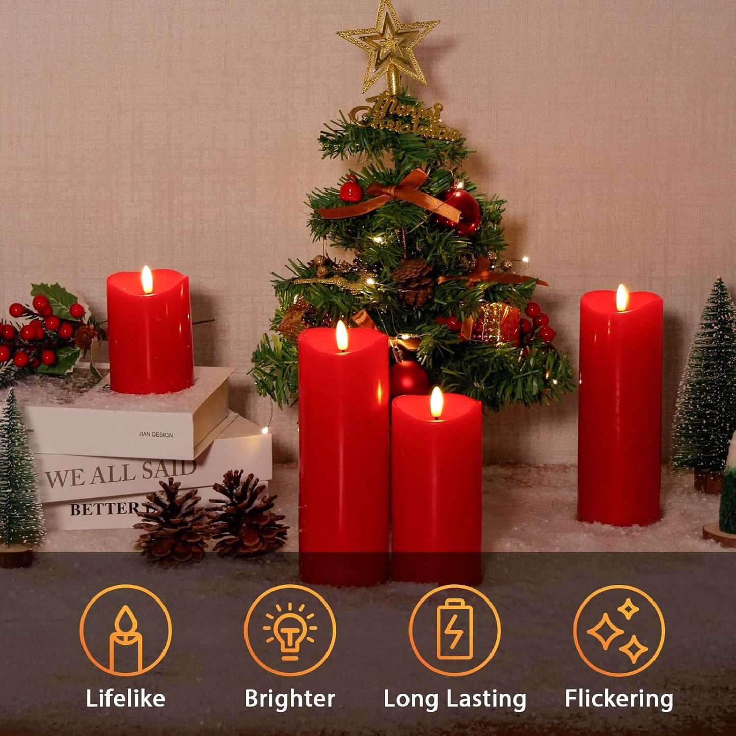 NURADA Outdoor Flameless Candles with Remote Timer - Waterproof Realistic Flickering LED Pillar Electric Battery Operated Fake Candle for Home Wedding Christmas Decor - 2 Pack Red(D3”H6”6”)