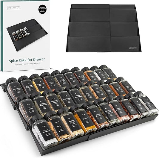 Spice Drawer Organizer - Expandable Spice Rack for Drawer, Black Seasoning Organizer for Drawer Spice Organizer, Spice Organization Seasoning rack insert for Cabinet (Jars Not Included)