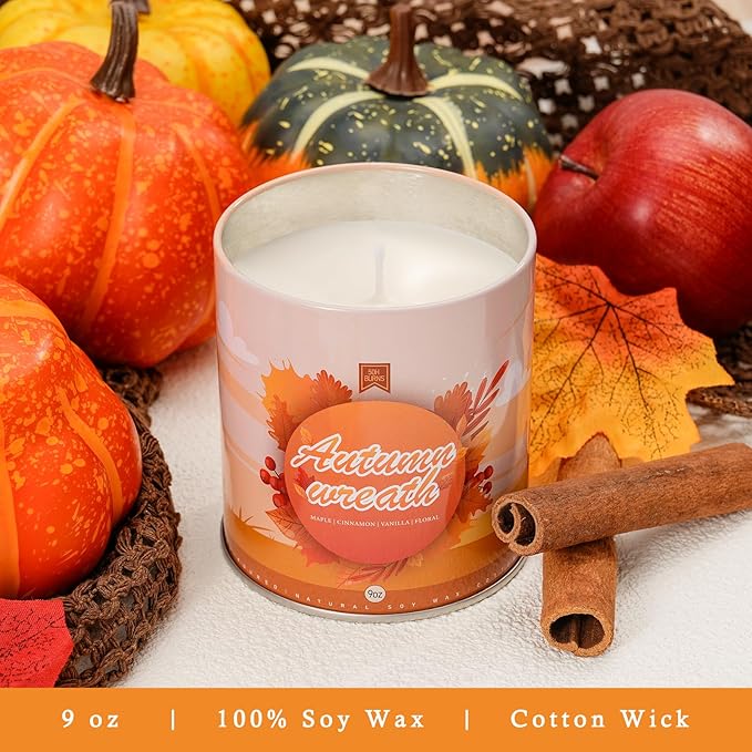 Autumn Wreath Fall Candles for Home Scented Natural Soy Wax Non Toxic Birthday Candles Scented Candle 40 Hours Bruning 9oz Aromatherapy Candle Gifts for Women Halloween Birthday Thanksgiving