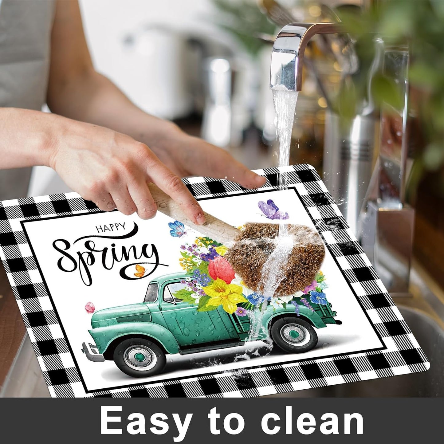 Happy Spring Placemats Set of 6 Easter Plastic Table Mats Spring Placemats Seasonal Place Mats Rustic Vintage Flowers Table Decoration for Indoor Outdoor Party Kitchen Dining