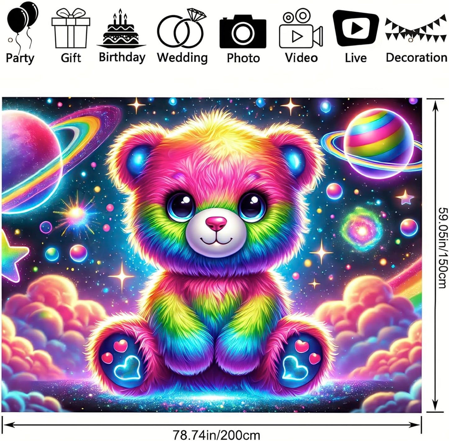 BlissYard Glowing Tapestry Blacklight Teddy Bear UV Reactive Rainbow Tapestry Neon Glow In the Dark Wall Hanging Decoration Kids’Bedroom Living Room Party Backdrop 59X78 inch Photo Shoot Props