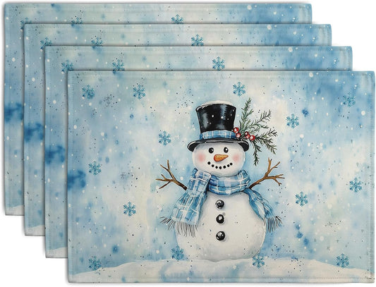 Blue Snowman Snowflake Winter Placemats Set of 4 Seasonal Christmas Linen Table Mats 12x18 Inch Xmas Holiday Snow Farmhouse Rustic Washable Place Mats for Party Kitchen Dining Outdoor Indoor Decor