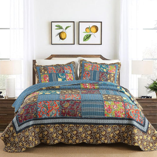 Yvooxny Queen Quilt Set Reversible Paisley Queen Size Quilted Bedspread Coverlet Set Country Farmhouse Cottage Quilted Bedding Set with Pillowcases for All Seasons, Queen Size, 98 * 90 Inches