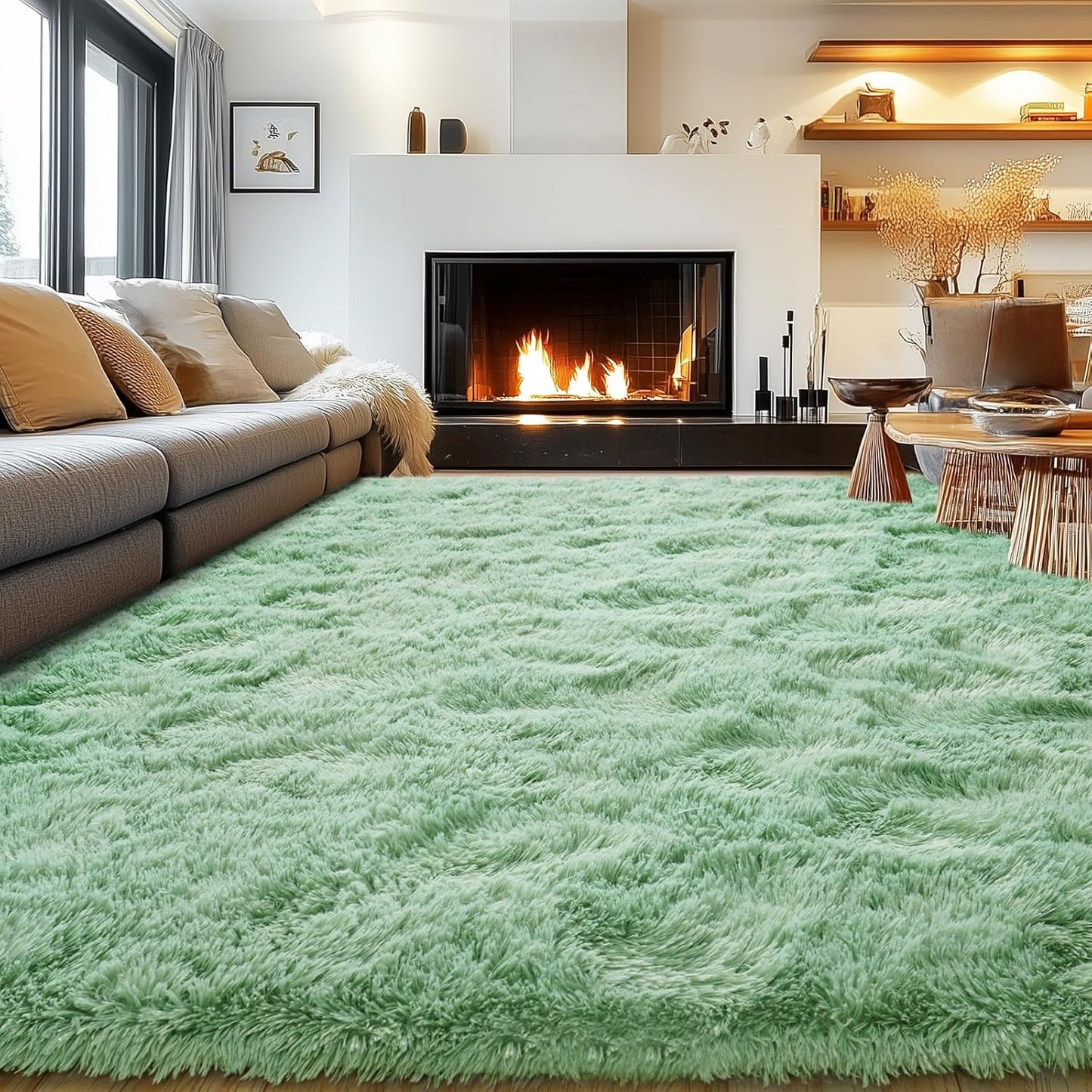 Extra Large Fluffy Area Rug for Bedroom Living Room, 9x12 Feet Sage Green Modern Indoor Carpets Room Colorful Rugs, Plush Indoor Nursery Classroom Home Decor Bedside Rug with Non-Slip Bottom