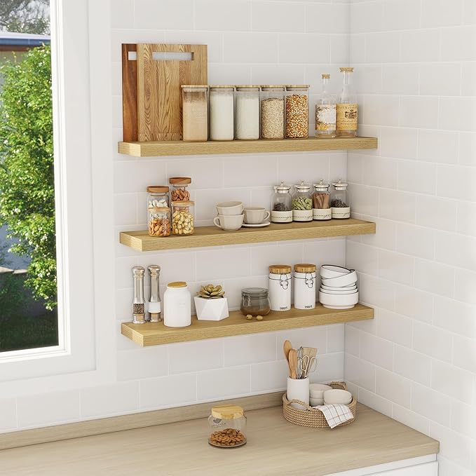 Fun Memories 32 Inch Floating Shelves Wall Shelf Set of 3, Rustic Farmhouse Home Decor Kitchen Living Room Shelves Wall Mounted, 32 x 6.7 x 1.4 Inch, Oak Color