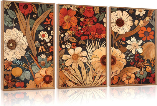 Aurlan Boho Burnt Orange Terracotta Wildflowers Framed Wall Art(16"x24"), 3 PCS Abstract Floral 3D Textured Canvas Artwork, Large Modern Vintage Botanical Nature Art Wall Decor for Home Office Living Room Bedroom