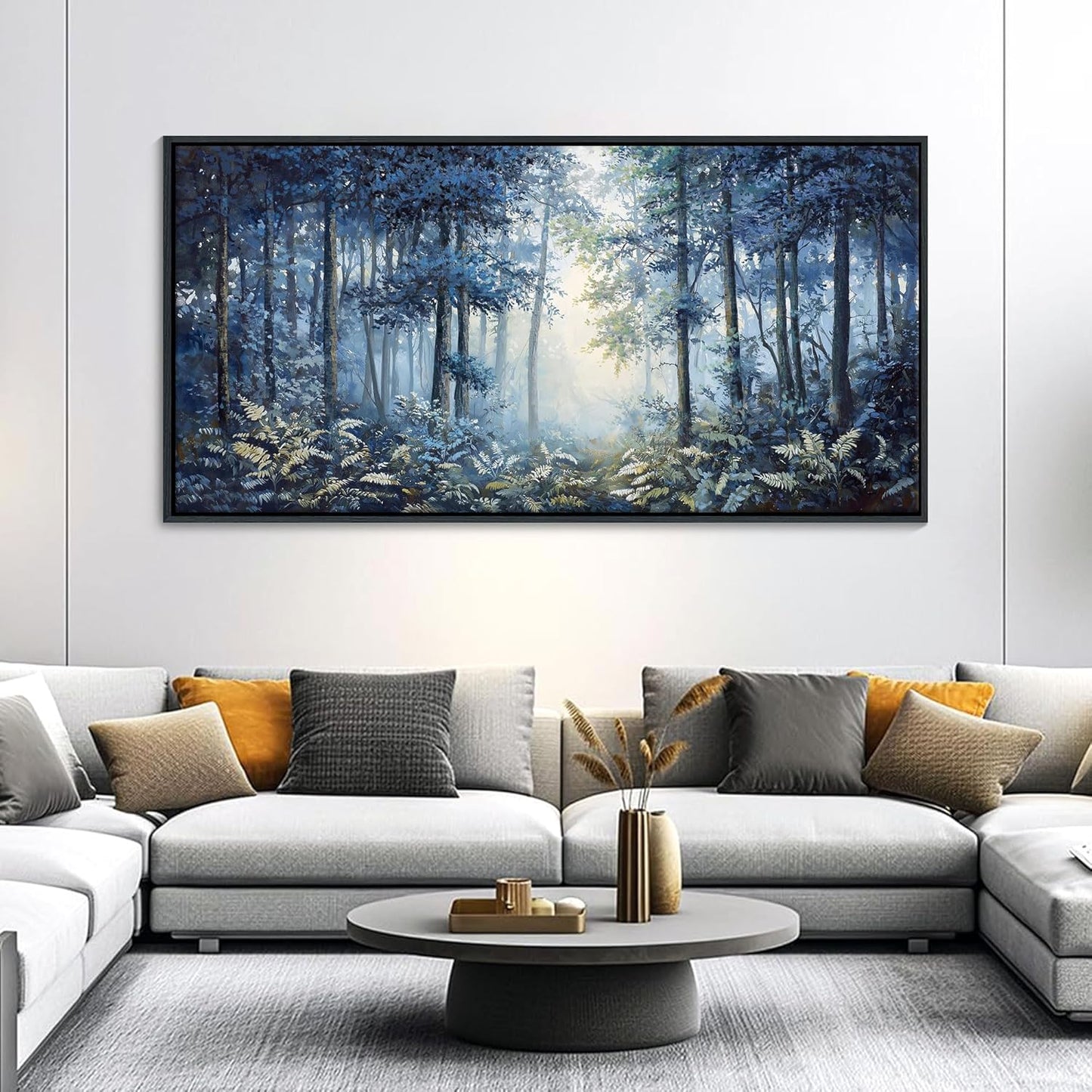 Forest Canvas Wall Art for Living Room - Navy Blue Bedroom Wall Art, Landscape Pictures Wall Decor, Forest Painting, Framed Nature Tree Artwork Walls 29×58IN
