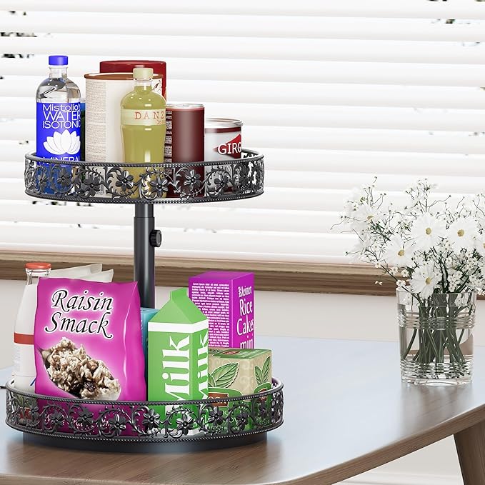 Two Tier Lazy Susan Organizer Turntable Height Adjustable, 2 Tier Lazy Susan 12 Inch Metal Easy Assembly, Spice Rack Organizer Rotating for Cabinet Dining Table Top Kitchen Countertop Black