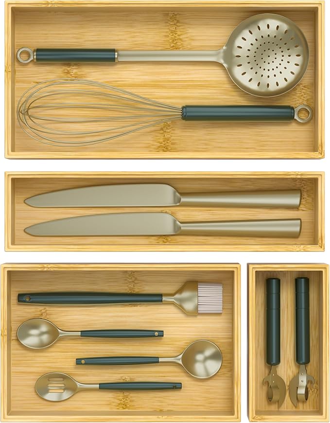 Silverware Bamboo Drawer Organizer Tray, 4 PCS Kitchen Drawer Organizer Storage for Utensil Cutlery, Bathroom, Office Desk, Makeup