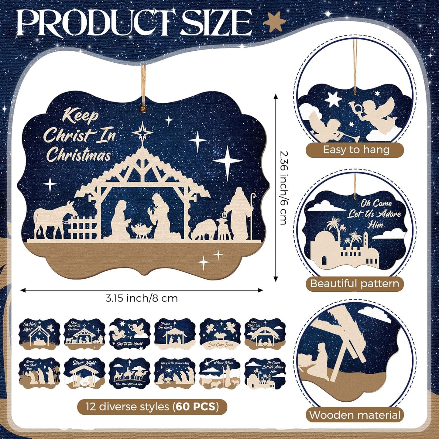 Soaoo 60 Pcs Nativity Scene Christmas Tree Ornament Christian Religious Ornaments Bulk Round Nativity Xmas Tree Hanging Wooden Decorations for Garden Yard Outdoor Home (Square Style)