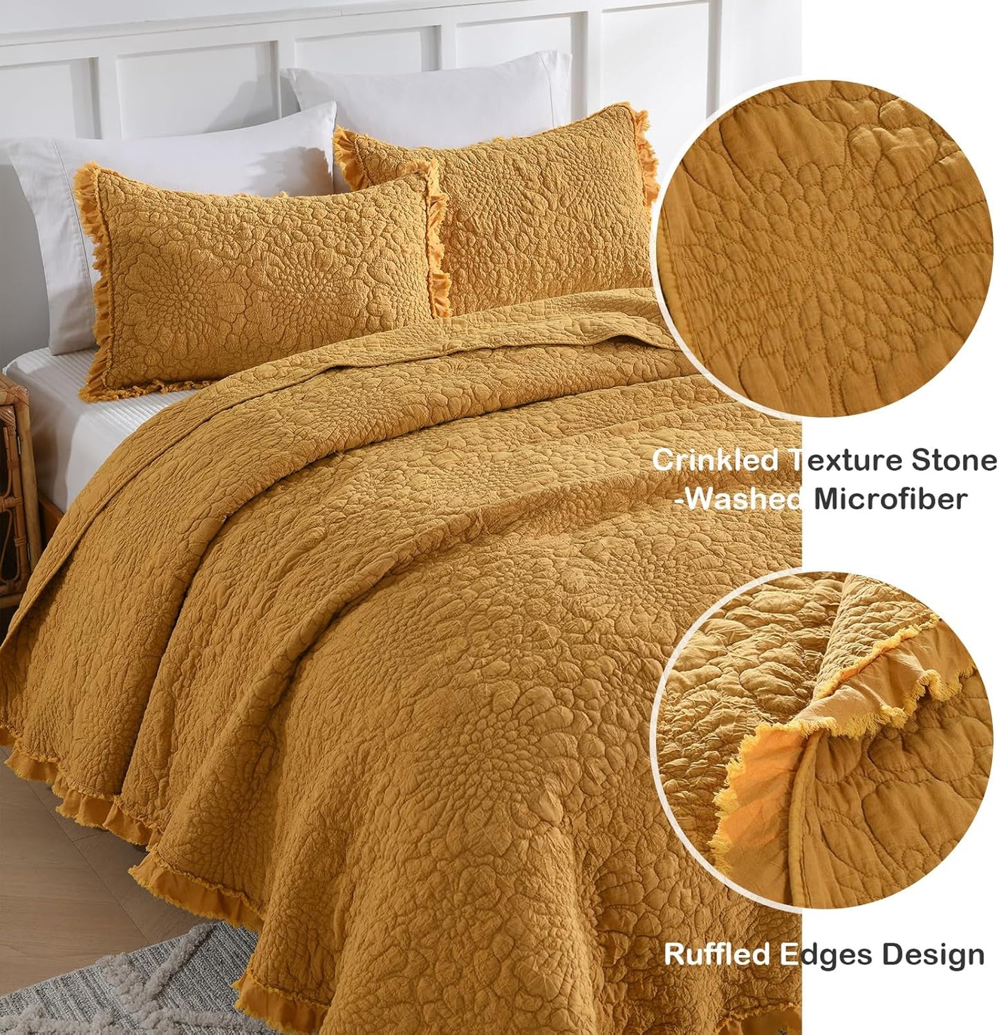 HORIMOTE HOME Yellow Ruffled Quilt Twin Size, Stone-Washed Microfiber Lightweight Crinkled Farmhouse Rustic Shabby Chic Bedding Set, 2 Pieces Reversible Bedspread with Pillow Sham for All Season