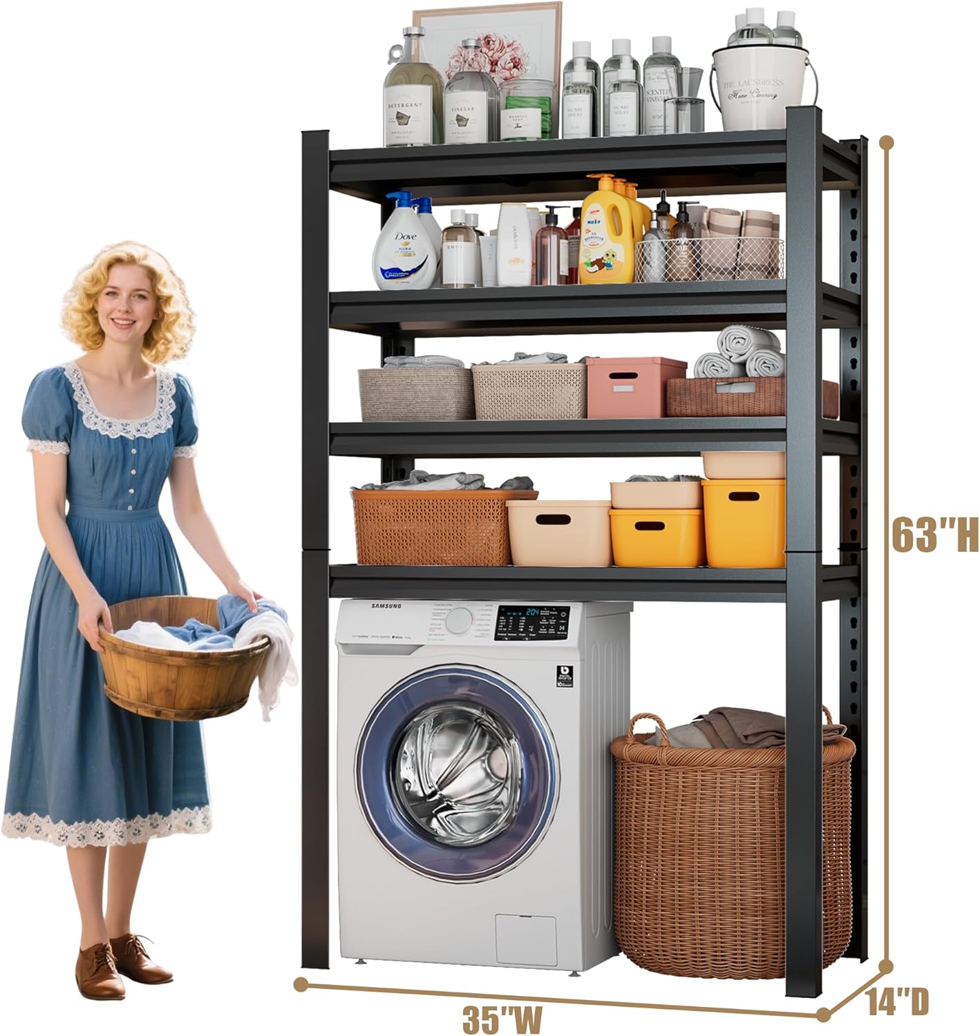 Laundry Room Storage Organizer, Over The Washer and Dryer Storage Shelves for Laundry Organization, 35" W x 14" D x 63" H, Suit Washing Machine Width Within 32.6", Hold 500 lb, Black